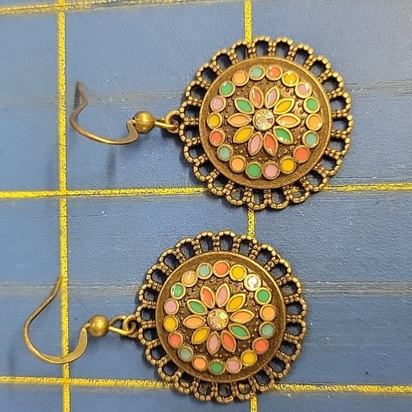 Multi Color Circle Antique Gold Earrings - Picture 1 of 1